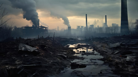 Smoking chimneys of factories in a polluted city, dirt and sootの素材
