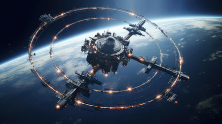 Orbital space station in space near Earthの素材