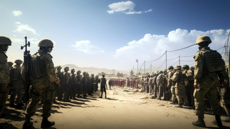 Border of two countries with barbed wire and militaryの素材