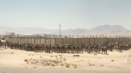 Border of two countries with barbed wire and militaryの素材