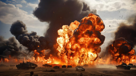Tests of modern weapons, explosions on the battlefieldの素材