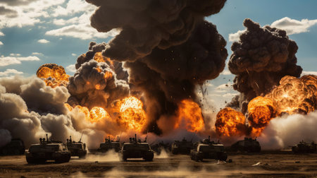Tests of modern weapons, explosions on the battlefieldの素材