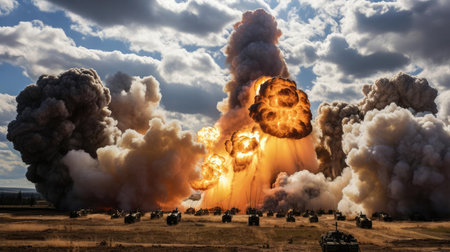 Tests of modern weapons, explosions on the battlefieldの素材