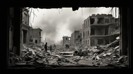 View from a ruined building of a war-torn cityの素材