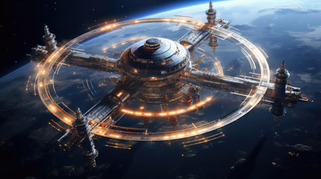 Orbital space station in space near Earthの素材