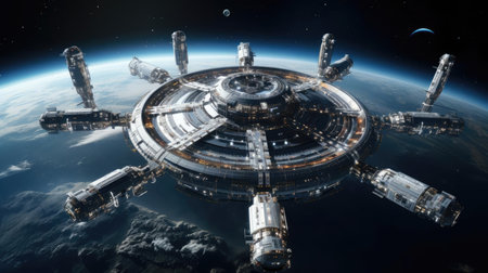 Orbital space station in space near Earthの素材