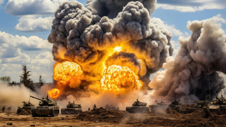 Tests of modern weapons, explosions on the battlefieldの素材