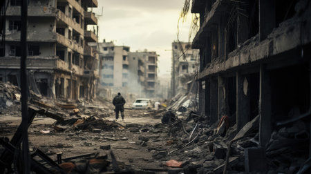 View from a ruined building of a war-torn cityの素材