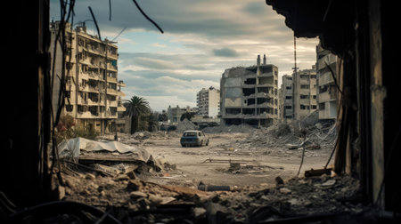 View from a ruined building of a war-torn cityの素材