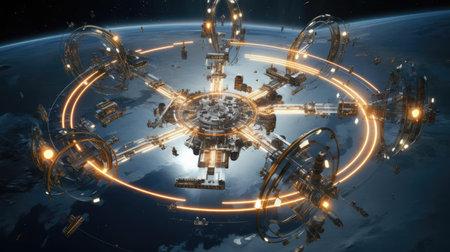 Orbital space station in space near Earthの素材