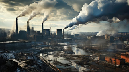 Smoking chimneys of factories in a polluted city, dirt and sootの素材