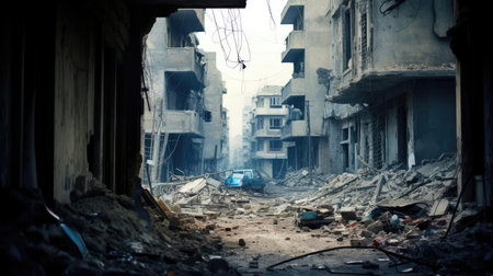 View from a ruined building of a war-torn cityの素材