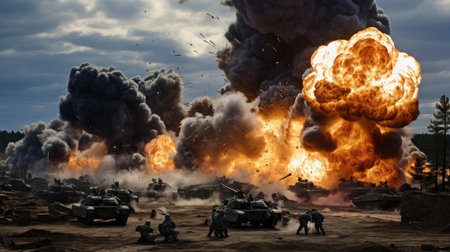 Tests of modern weapons, explosions on the battlefieldの素材