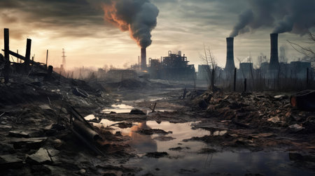 Smoking chimneys of factories in a polluted city, dirt and sootの素材