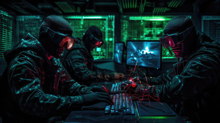 Military at computers in a dark roomの素材