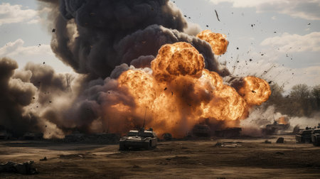 Tests of modern weapons, explosions on the battlefieldの素材