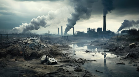 Smoking chimneys of factories in a polluted city, dirt and sootの素材