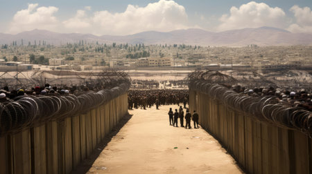 Border of two countries with barbed wire and militaryの素材