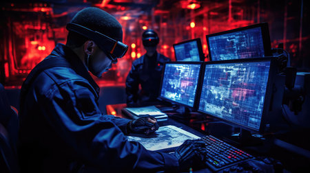 Military at computers in a dark roomの素材