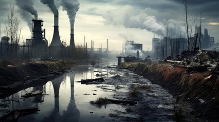 Smoking chimneys of factories in a polluted city, dirt and sootの素材