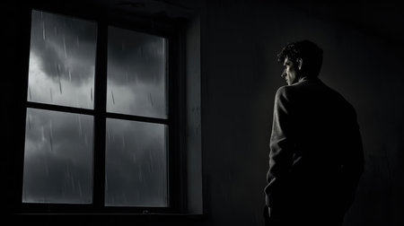 A lonely man stands in front of a windowの素材