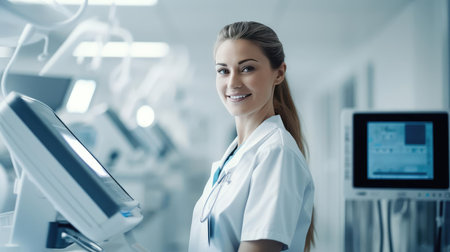 A medical worker or a doctor in a white coat in a modern clinicの素材