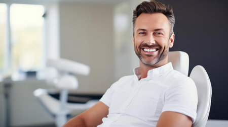 Man in dental chair smiling snow white smileの素材