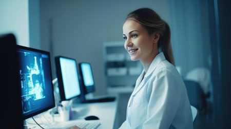 A medical worker or a doctor in a white coat in a modern clinicの素材