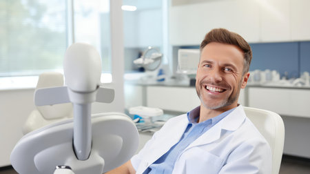 Man in dental chair smiling snow white smileの素材