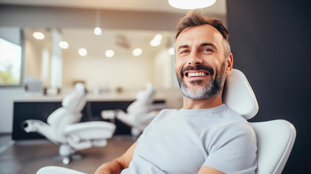 Man in dental chair smiling snow white smileの素材