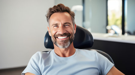 Man in dental chair smiling snow white smileの素材