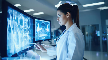 A medical worker or a doctor in a white coat in a modern clinicの素材