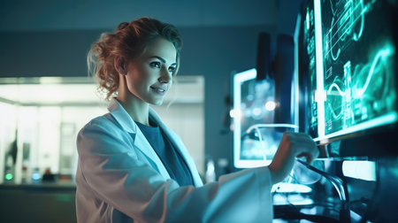 A medical worker or a doctor in a white coat in a modern clinicの素材