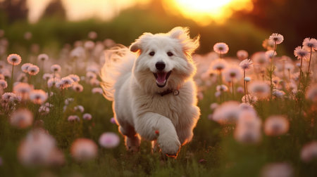 Joyful dog running on meadow with flowersの素材