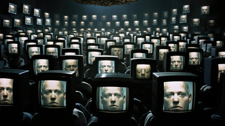 People in the room watching a lot of TVs with propagandaの素材