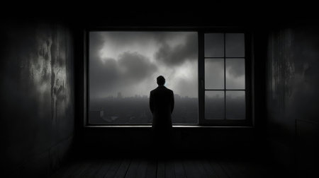 A lonely man stands in front of a windowの素材