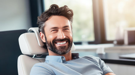 Man in dental chair smiling snow white smileの素材