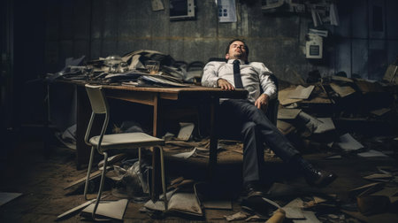 Lazy man sitting on a chair in a dirty roomの素材