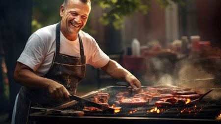 Joyful man grilling meat on a grillの素材