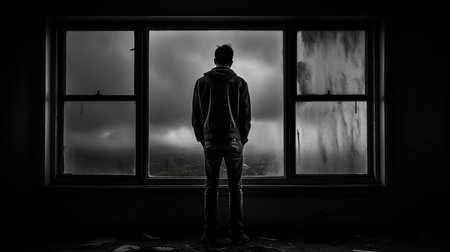 A lonely man stands in front of a windowの素材