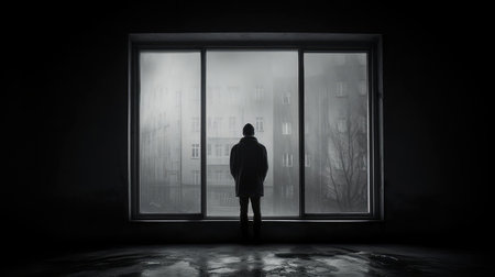 A lonely man stands in front of a windowの素材