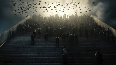 Crowd of people on escalator up, glow from aboveの素材