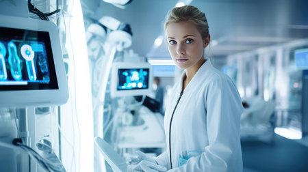 A medical worker or a doctor in a white coat in a modern clinicの素材