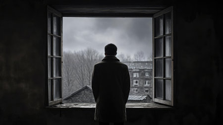 A lonely man stands in front of a windowの素材