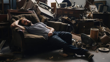 Lazy man lying in a dirty room among broken furnitureの素材