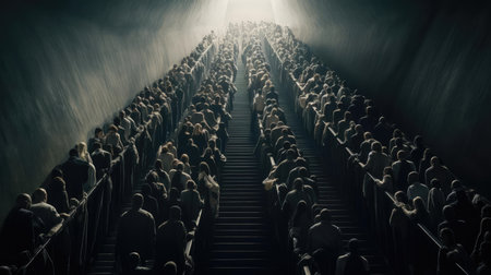 Crowd of people on escalator up, glow from aboveの素材
