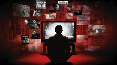 Man in front of TV watching propagandaの素材