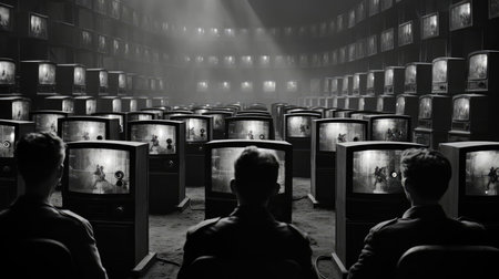 People in the room watching a lot of TVs with propagandaの素材