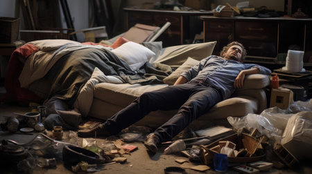 Lazy man lying in a dirty room among broken furnitureの素材