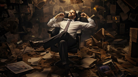 Lazy man sitting on a chair in a dirty roomの素材